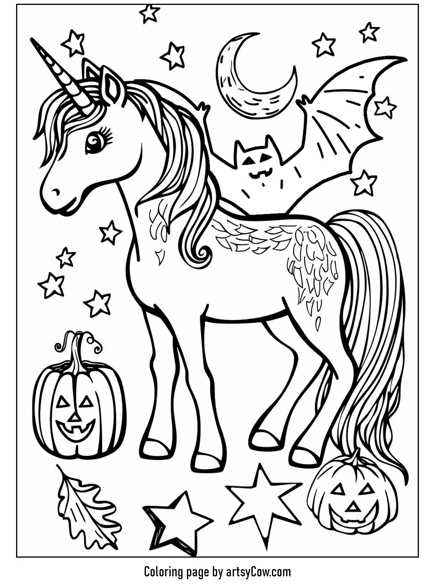 halloween coloring pages with unicorn featuring a cheerful unicorn, bats, pumpkins, and stars beneath a crescent moon.